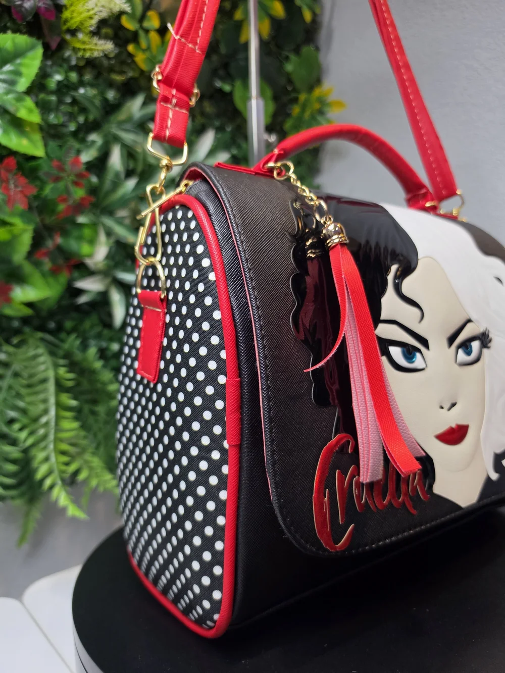 Black and Red Women's Satchel with Graphic Face Detail